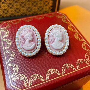 Woman Portrait Light Pink Cameo Faux Pearl Oval Round Stud Earrings Victorian